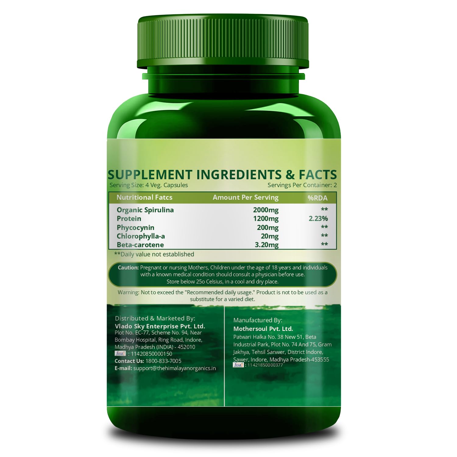 Vlado's Himalayan Organics Spirulina 2000mg Per Serving - 10 Veg Capsules 2