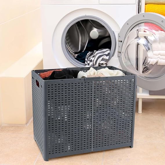 1-Pack Plastic Double Laundry Baskets, Collapsible Plastic Laundry Hamper with Lids, Grey