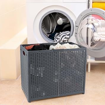 1-Pack Plastic Double Laundry Baskets, Collapsible Plastic Laundry Hamper with Lids, Grey