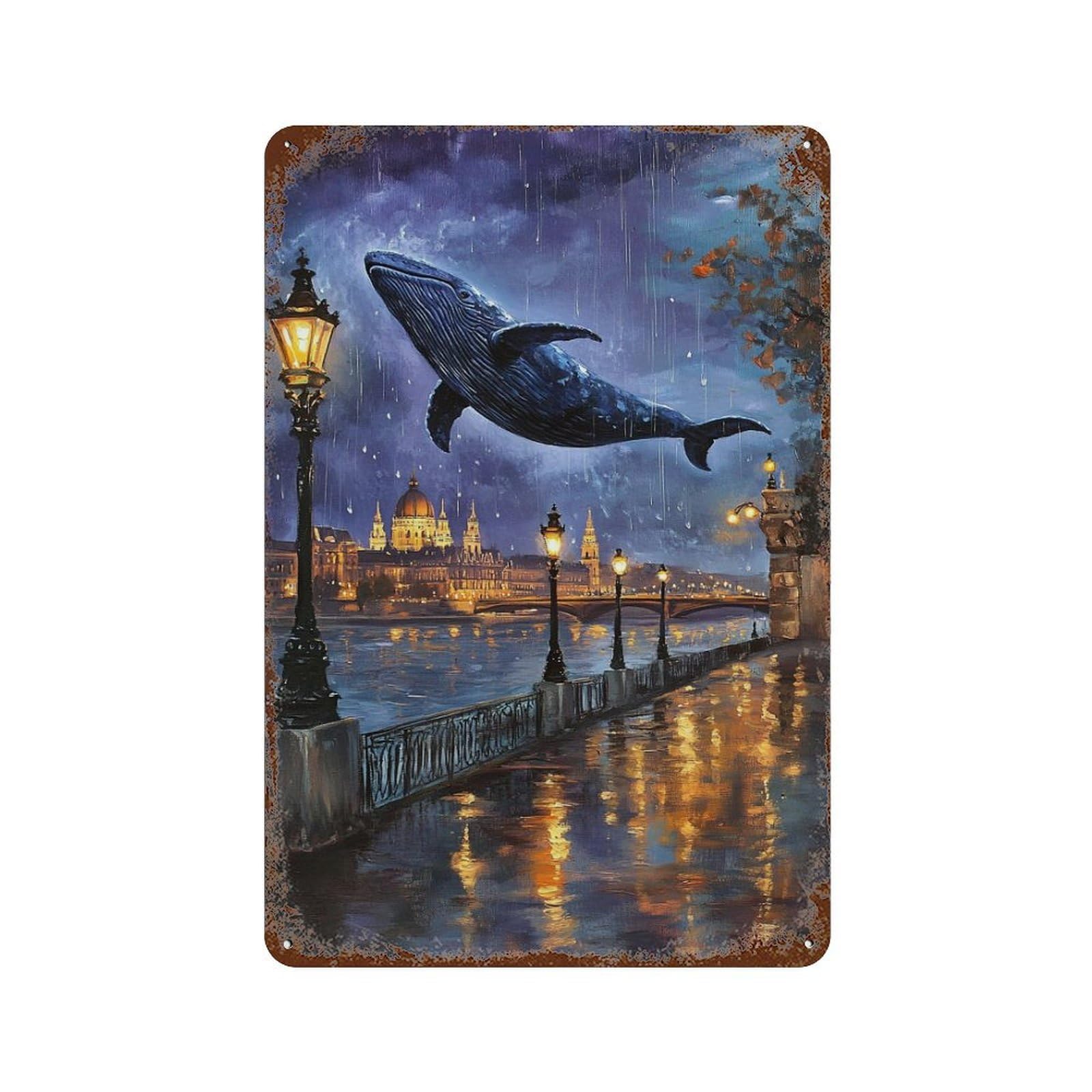 Whale in The City Sky Decorative Tin Sign 11.8"x7.9", for Bistro, Counter And Cafe Decor, Novelty Wall Decor