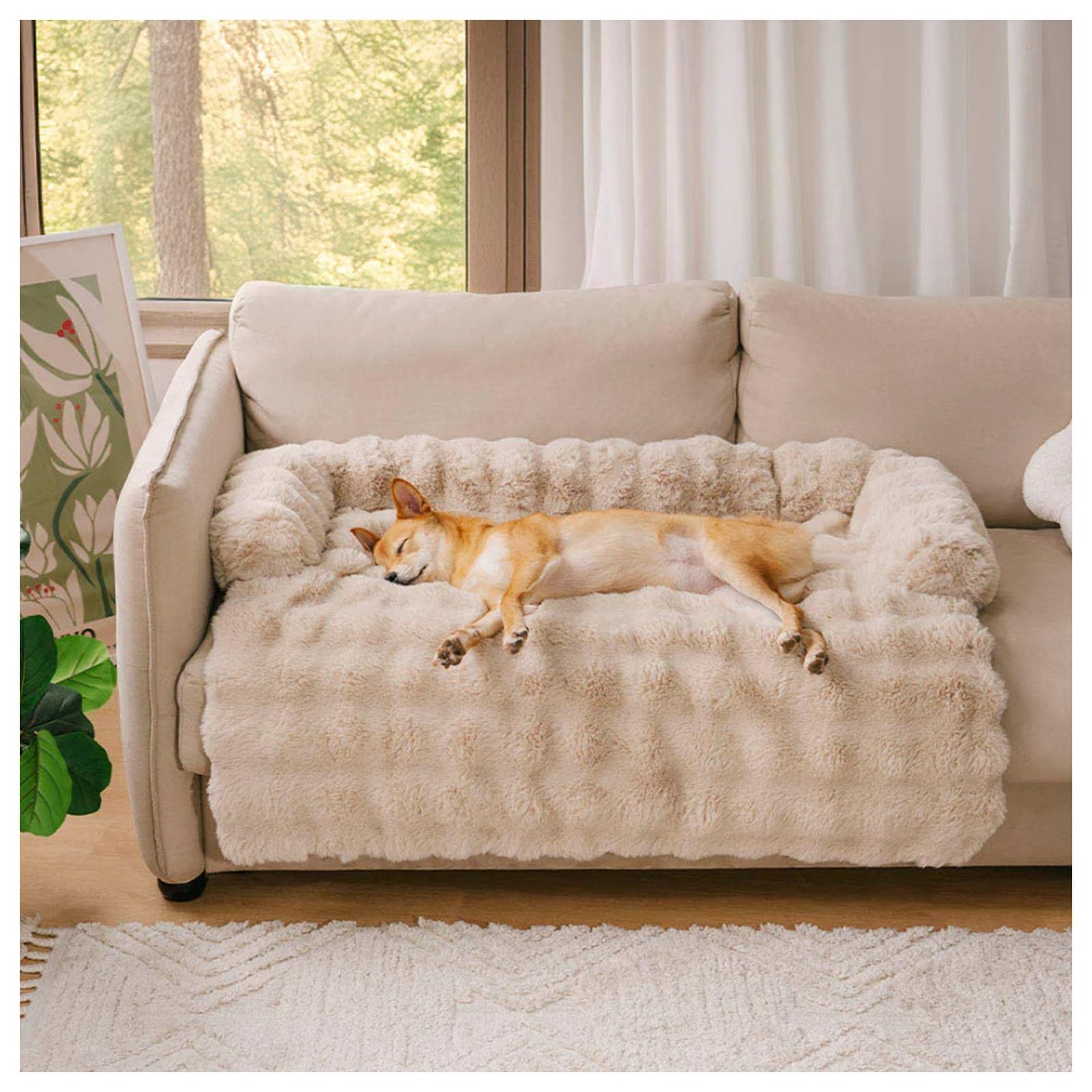 APMOE Dog Bed for Couch, Calming Dog Sofa Bed Mat Washable, Fluffy Fuzzy Dog Mat for Sofa Protector, Dog Bed Mat With Pillows(Beige,M)
