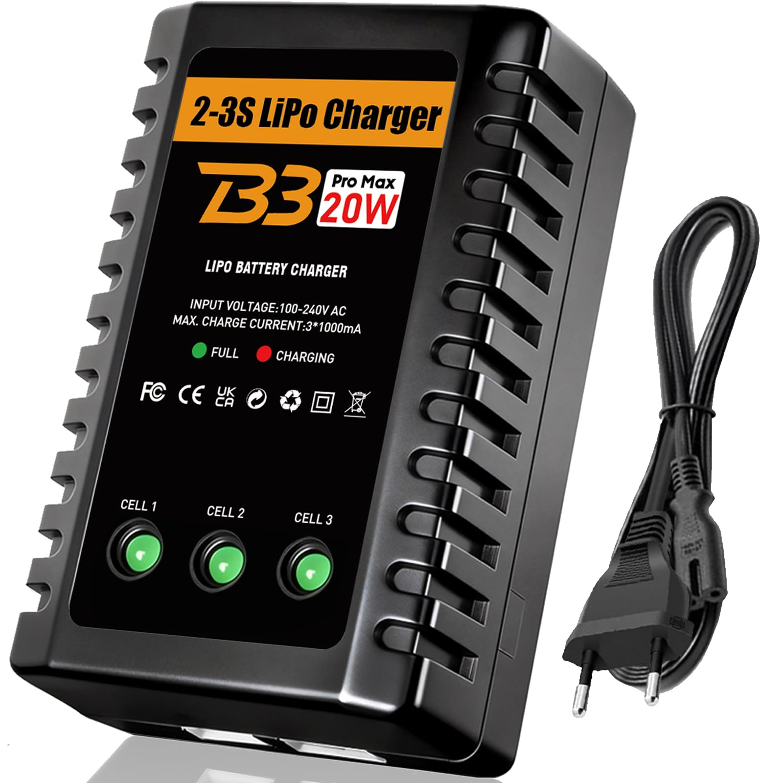 HTRC Chargeur Lipo pour Batteries 2S/3S (7.4V-11.1V) – Chargeur Équilibreur Rapide 20W, Compatible avec Voitures, Bateaux, Airsoft, Drones et Quadcopters RC