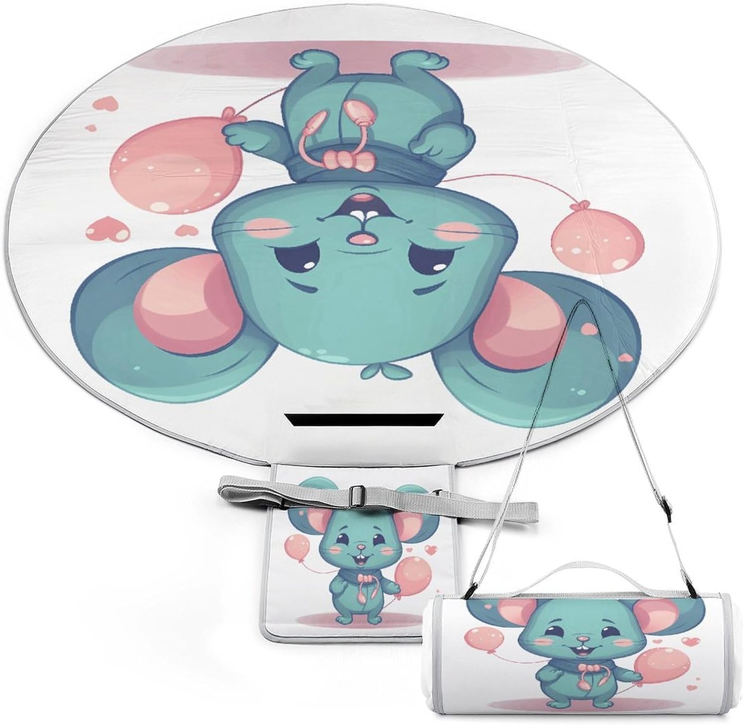 Rat Holding A Balloon 58.3 in Round Outdoor Rugs for Patio Decor And Outdoor Picnic.Beach Blankets- Sandproof Waterproof Foldable Beach Blanket.Travel Blanket for Camping, Park, Travel, Grass Use.