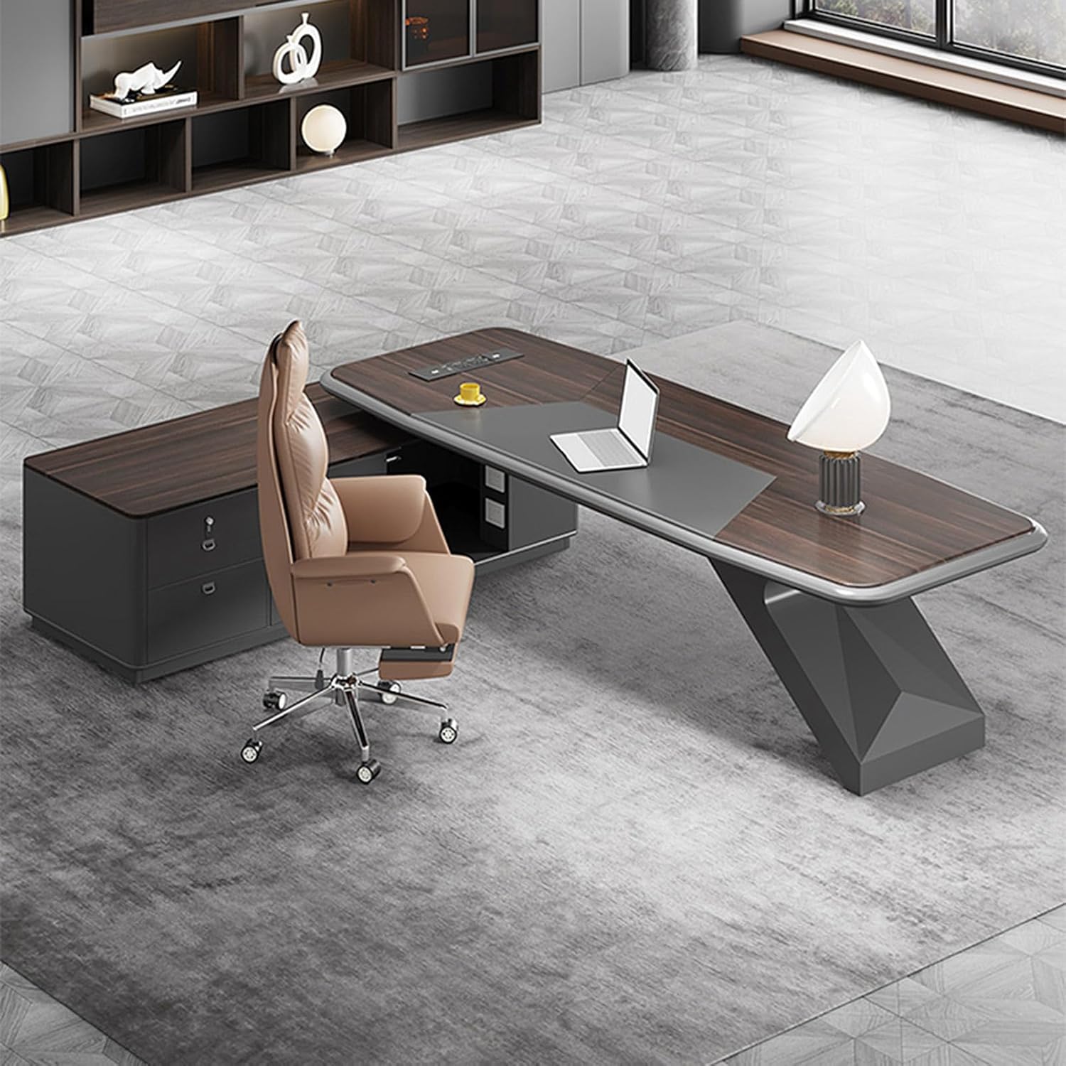 Brown L Shaped Computer Desk, Executive Office Desk with Lateral Cabinet, Writing Study Table Business Furniture Set for Home Office