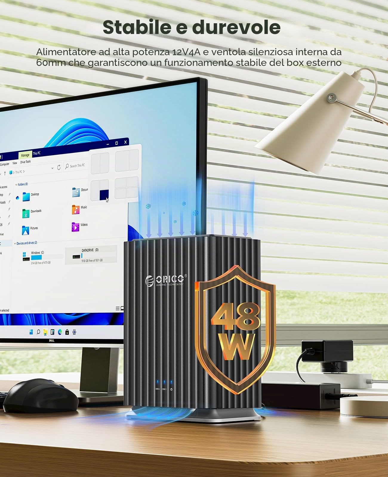 ORICO Enclosure per disco rigido a 2 alloggiamenti per HDD/SSD SATA da 2,5"/3,5", archiviazione DAS con adattatore di alimentazione 12V/4A, Plug and Play massimo 2* 22TB di archiviazione per database