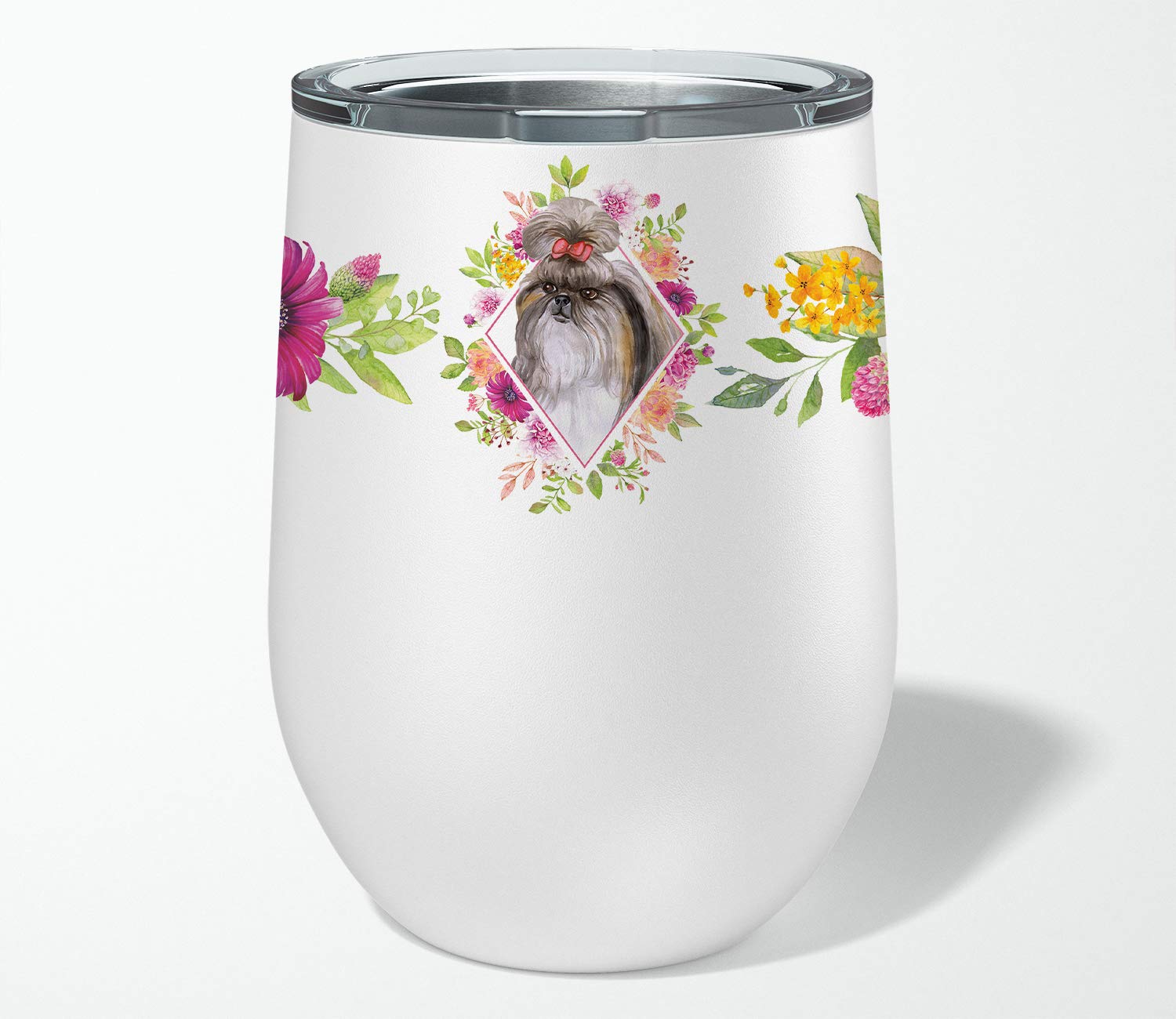 Caroline's Treasures CK4184TBL12 Shih Tzu Pink Flowers Weinglas Stiellos Reise-Isoliertes Trinkglas, 340 ml, mehrfarbig