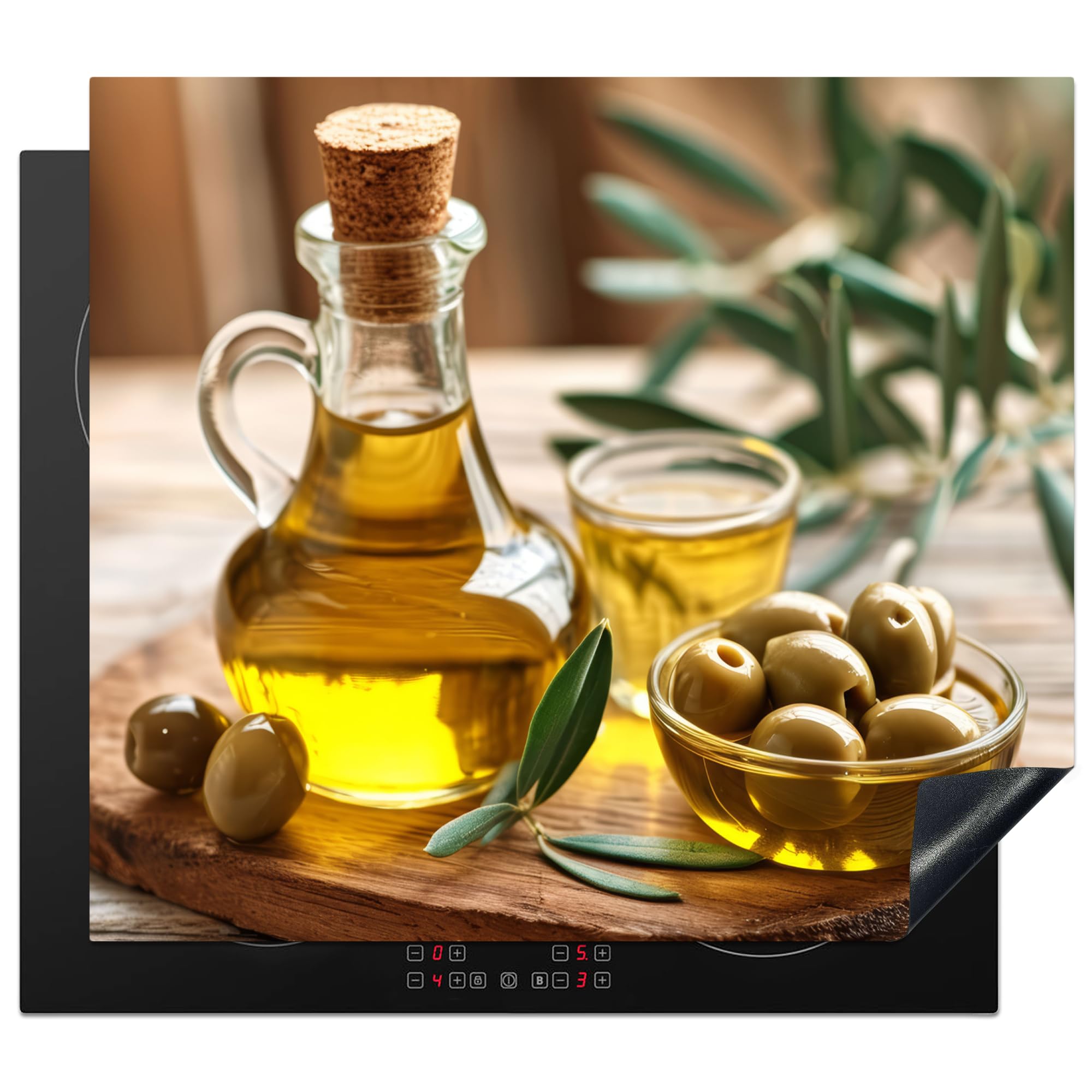 KitchenYeah© Induction Hob Protector Mat 20.5"x23.2" / 59x52 cm Stove Cap Top Cover Kitchen Cooker Covers for Electric Hobs Vinyl Olives - Shelf - Olive Oil - Leaves — image 1