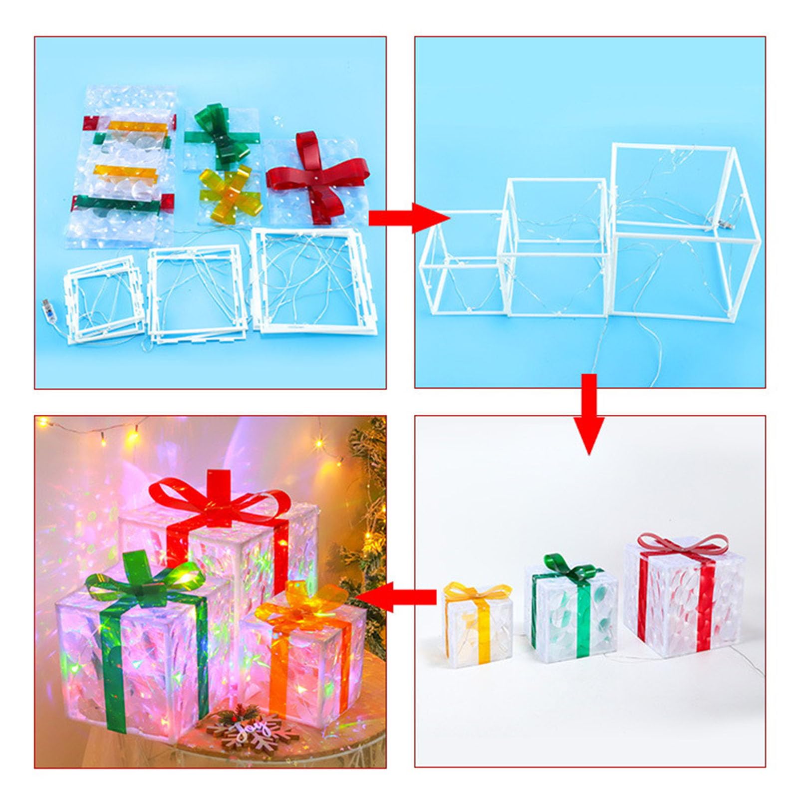 Scatole regalo natalizie illuminate da 3 pezzi, con cordino luminoso
