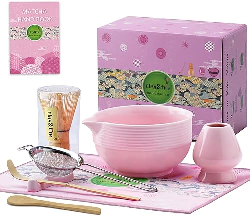 Clay&Fire Juego de batidor de matcha, juego de 9 piezas de cerámica matcha, regalos para mujeres, cuenco de matcha con boquilla y batidor, kit de