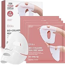 Elvira Bio-Collagen Real Deep Mask, Overnight Hydrating Face Mask with Hyaluronic Acid, Korean Skincare Face Mask for Moisturizing and Firming, Face Masks Sheet for All Skin Types, 4 Pack