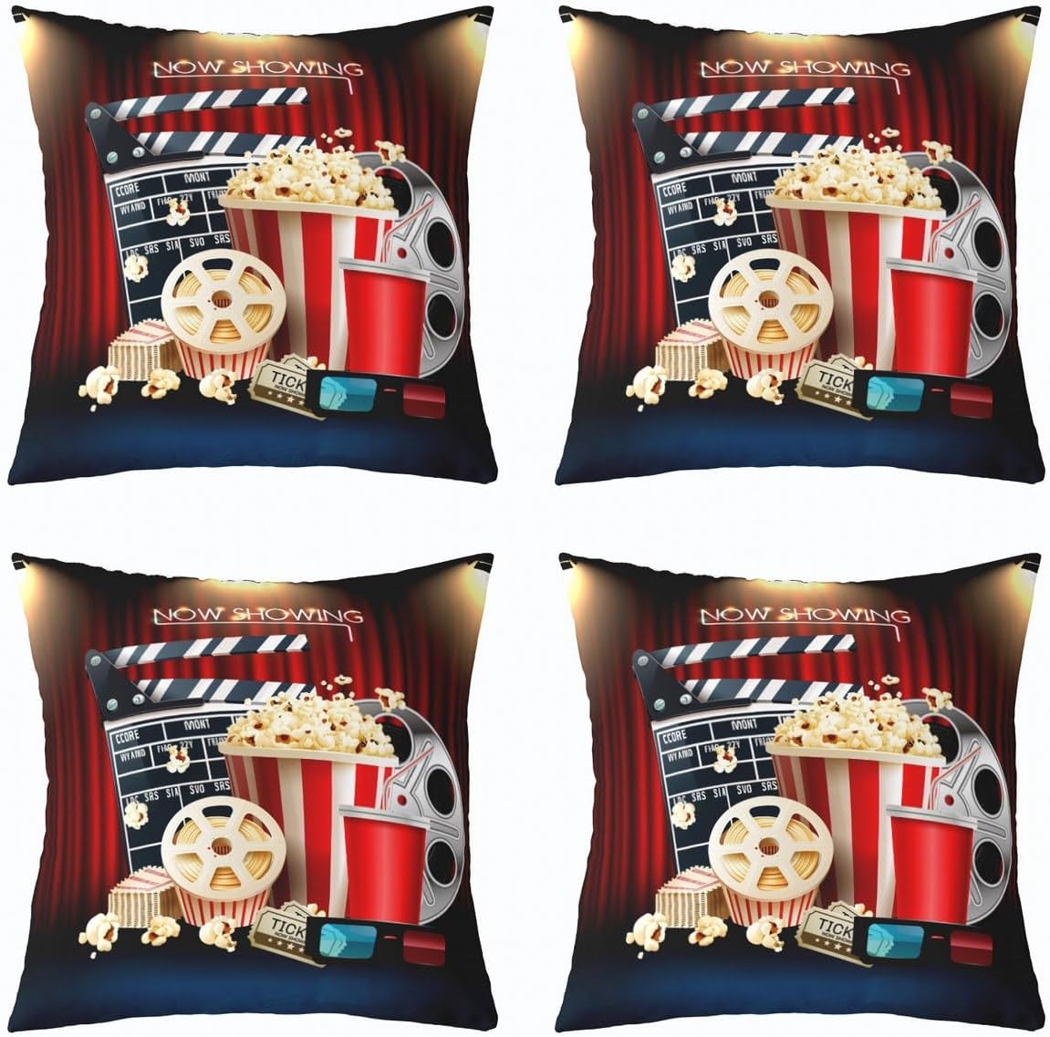 Movie Theme Throw Pillow Covers 18x18 set of 4 Vintage Cinema Ticket Pillow Covers For Boys Teens,Ceremony Photo Photography Cushion Cases Home Theater Decor Decorative Pillow Covers Bed Sofa Decor