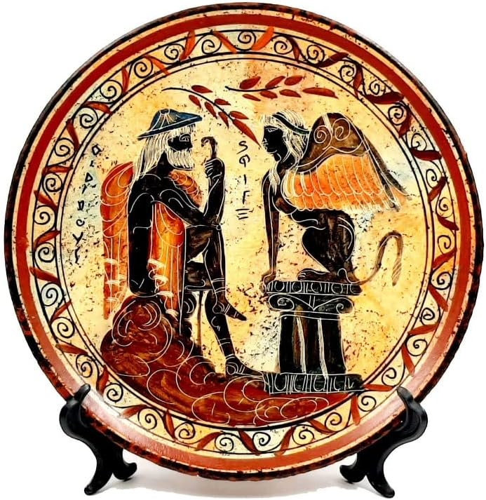 IFIGENEIA CERAMICS Greek Plate 24cm diameter, Ancient Greek pottery,Oedipus and the Sphinx