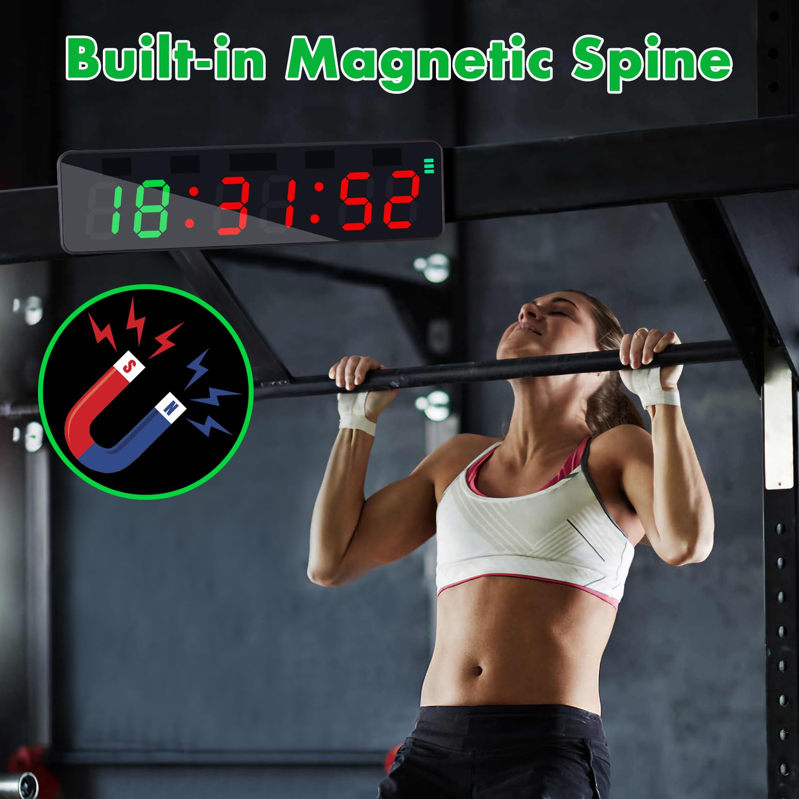 PELLOR Temporizador Multifunción para Gimnasio - Cronómetro LED Magnético Recargable con Modos (HIIT/Tabata/FGB/EMOM/MMA), 5 Niveles Brillo, Cuenta Regresiva/Progresiva para Fitness