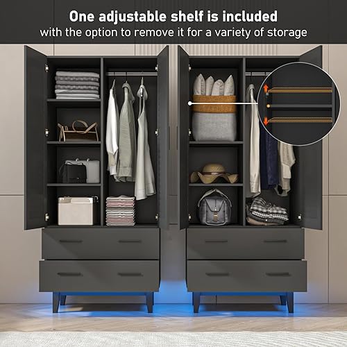 Miniatura 5 de Hlivelood Armario de 2 puertas con cajones y luces LED, estantes de varios niveles, barra colgante y 2 puertas de rejilla, armario de almacenamiento