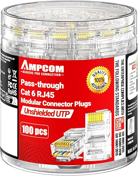 AMPCOM 100-Pack CAT6 Pass Through RJ45 Connector, Gold-Plated Ethernet Plugs for Solid/Stranded 23-26AWG UTP Ethernet Cables