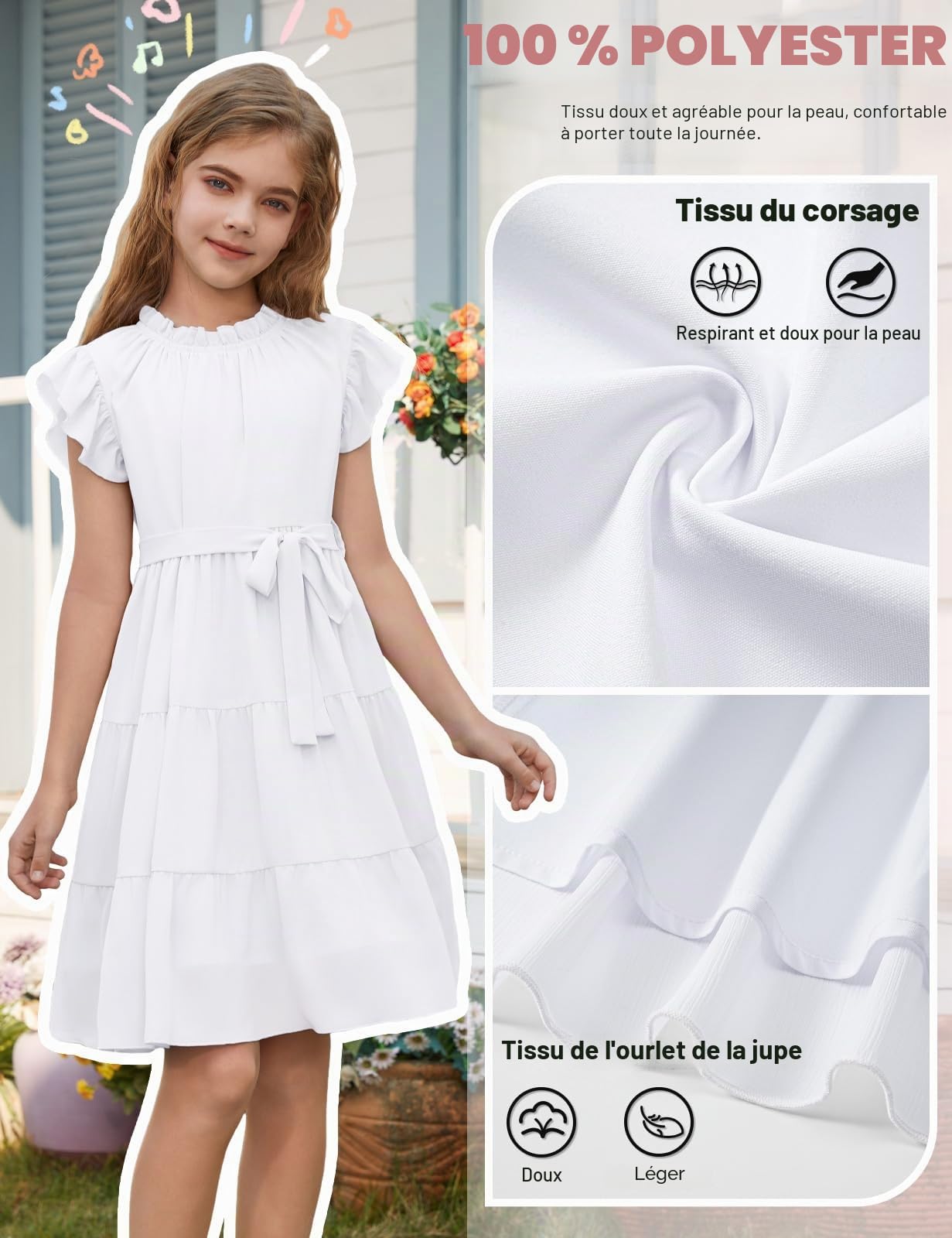 Robe pour Fille Été Robe Manches à Volants Col Rond Robes de Soirée Décontractées Robe Trapèze Mi-Longue Flottante avec Ceinture