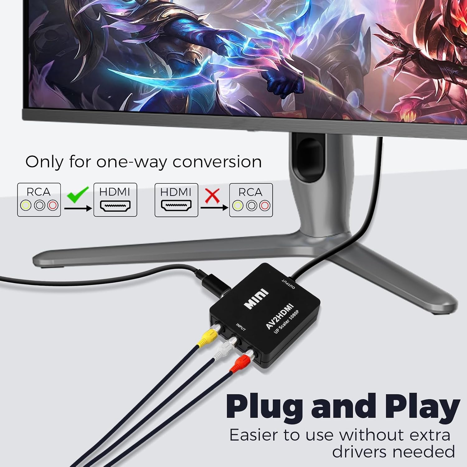 Конвертер RCA в HDMI, адаптер AV в HDMI, видеоконвертер 1080P CVBS Composite Audio с USB-кабелем питания для камеры/PS2/SNES/VHS/Xbox/PS4/телевизора/DVD/Wii; поддерживает стандарты PAL/NTSC