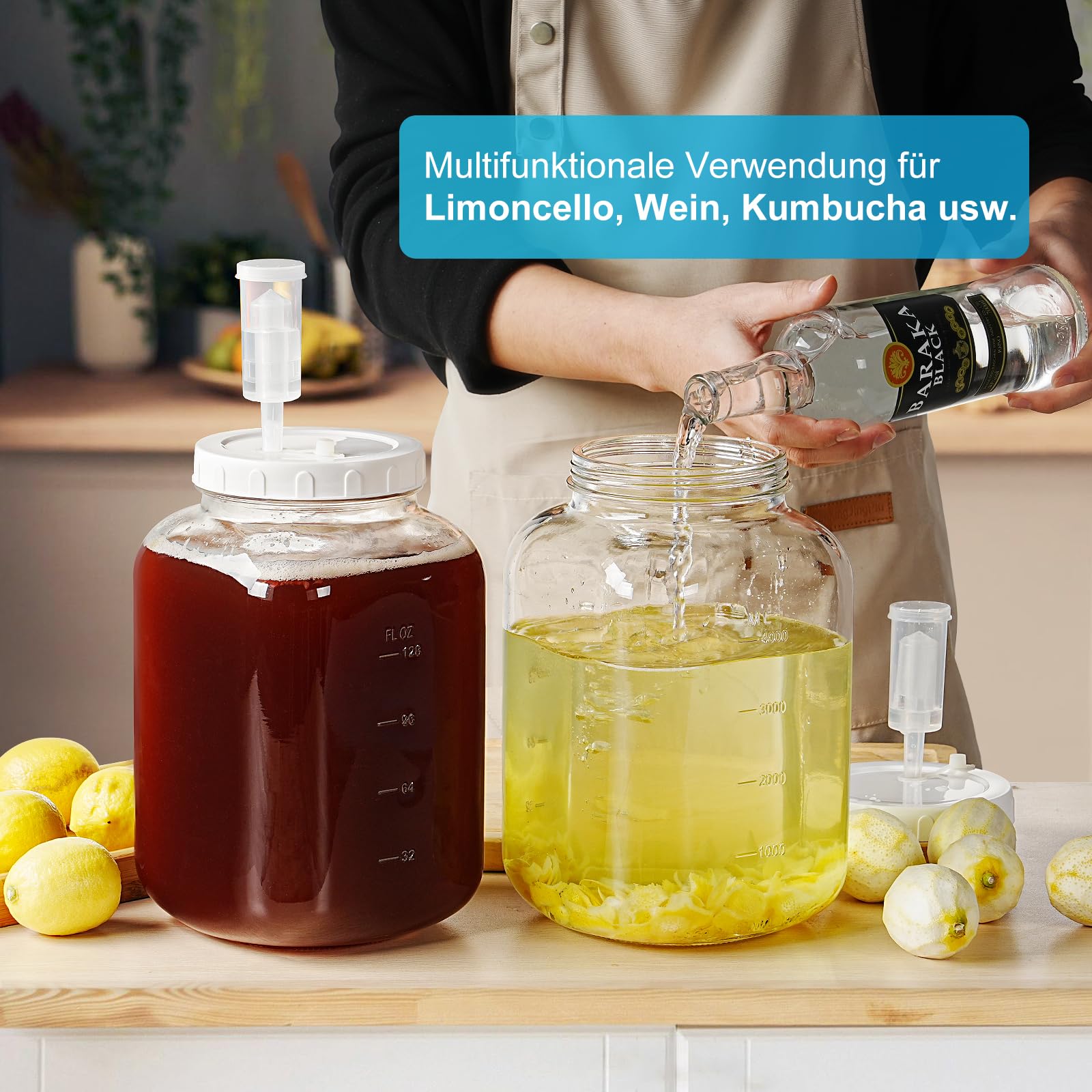 Absovetu 2 Stück Groß Fermentierglas mit Luftschleuse 5,7 Liter - Breiter Mund Fermentiergläser mit Gärventil Fermentier Set Fermentierglas mit Gewicht für Kimchi Sauerteig Sauerkraut Kefir Gemüse