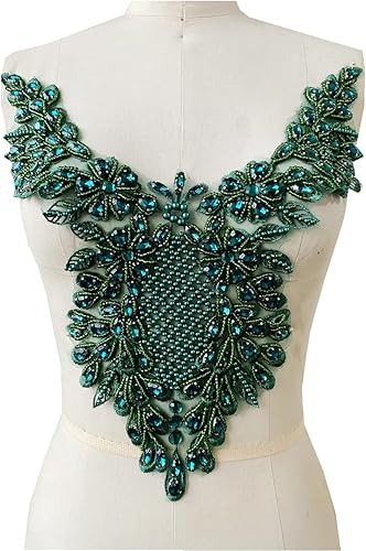 Piedras de imitación hechas a mano apliques de encaje de costura a mano parches de recorte para vestido ropa falda escote accesorios (verde profundo)