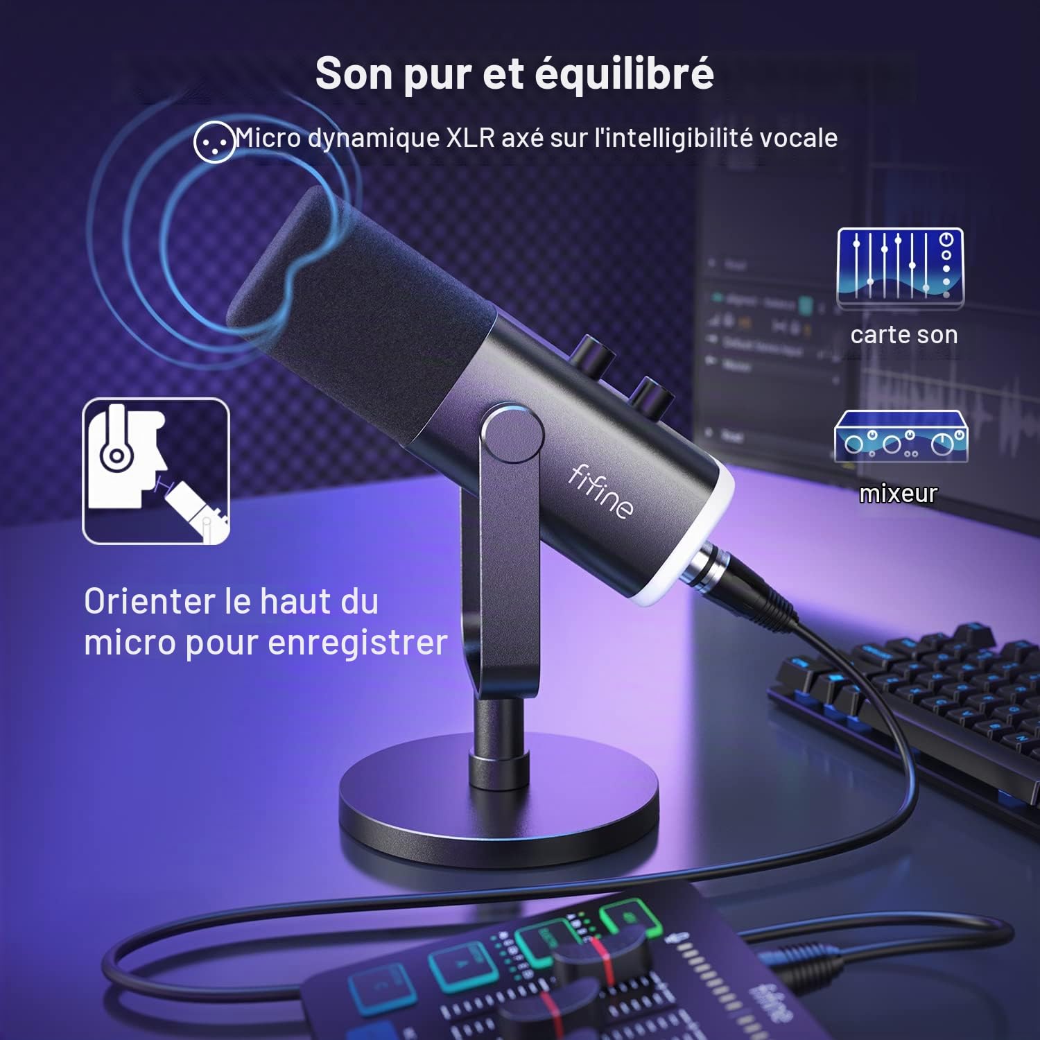Microphone de jeu FIFINE XLR/USB, micro dynamique de streaming en studio, microphone de bureau pour ordinateur pour podcast, voix off, enregistrement, avec RGB, mute, prise casque de surveillance