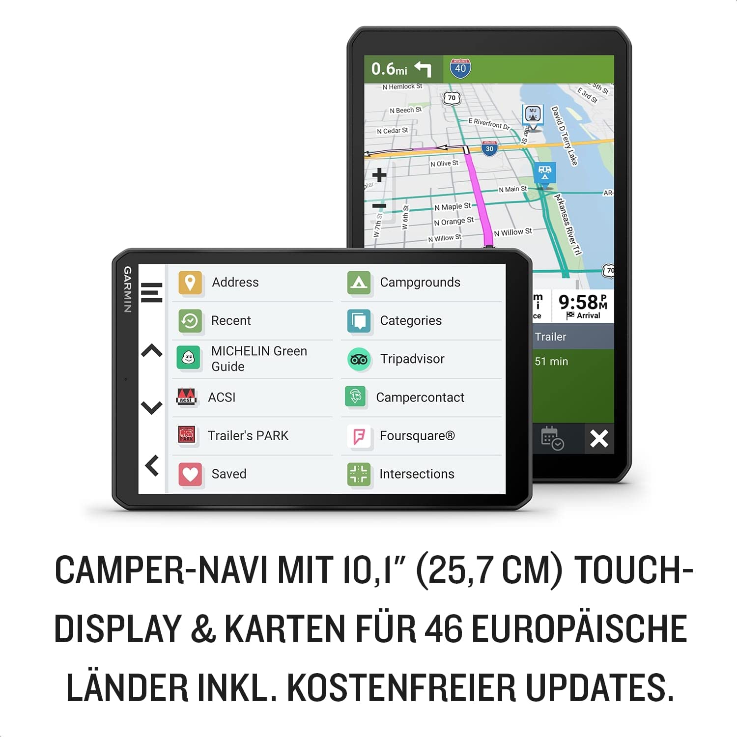 Garmin Camper 1095 MT-D EU – Navigationsgerät mit 10“ (25,7 cm) Display für Wohnmobile/Wohnwagen, vorinstallierten 3D-Karten für Europa und Südafrika, Verkehrsinfos in Echtzeit, Campingplatz-Datenbank