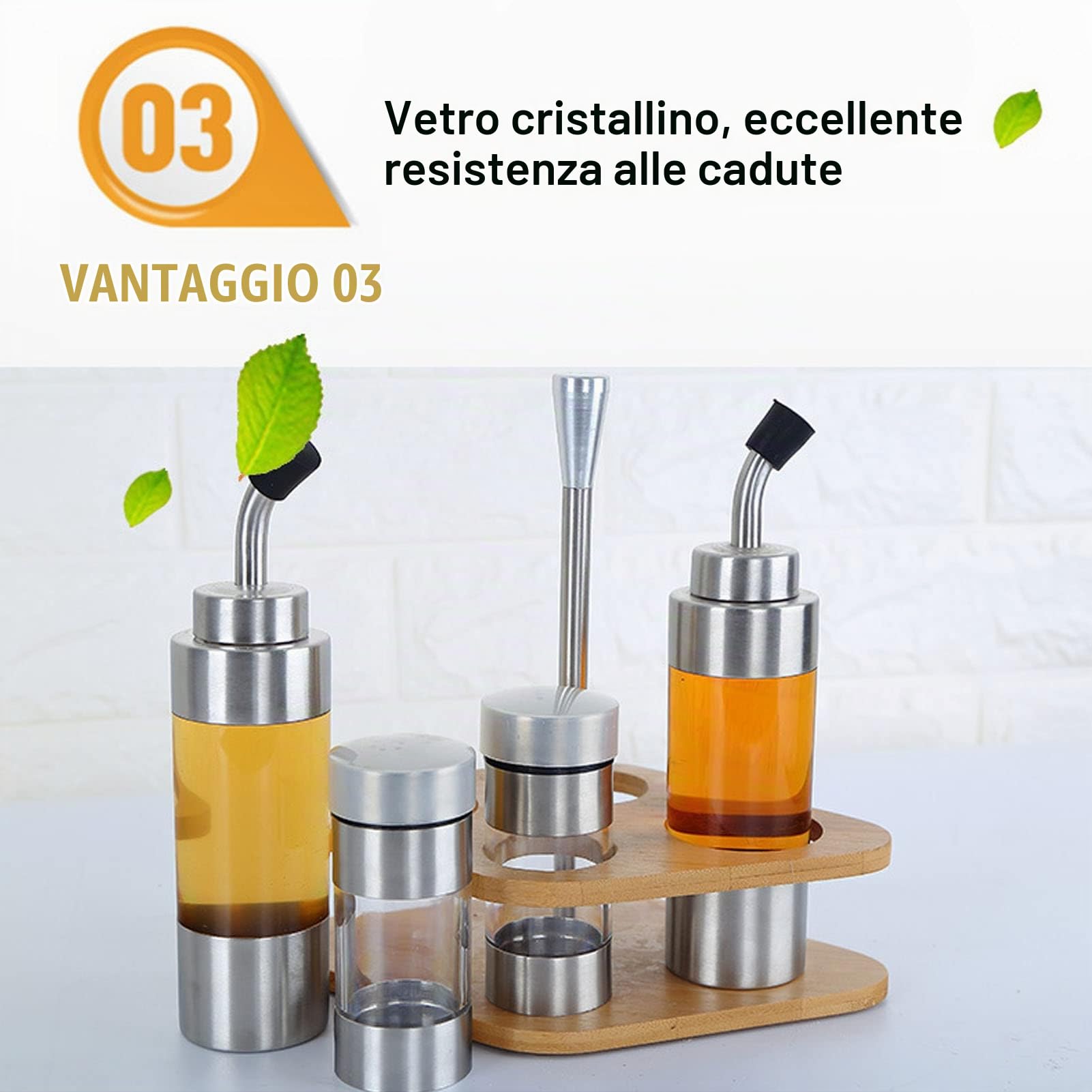 Set Dispenser di Sale Per Olio di 4 Bottiglie con Rack in Legno, 2 Bottiglie Dispenser di Olio, 2 Bottiglie di Spezie in Polvere, Set di Condimenti Sale Aceto Pepe Per Tavolo della Cucina