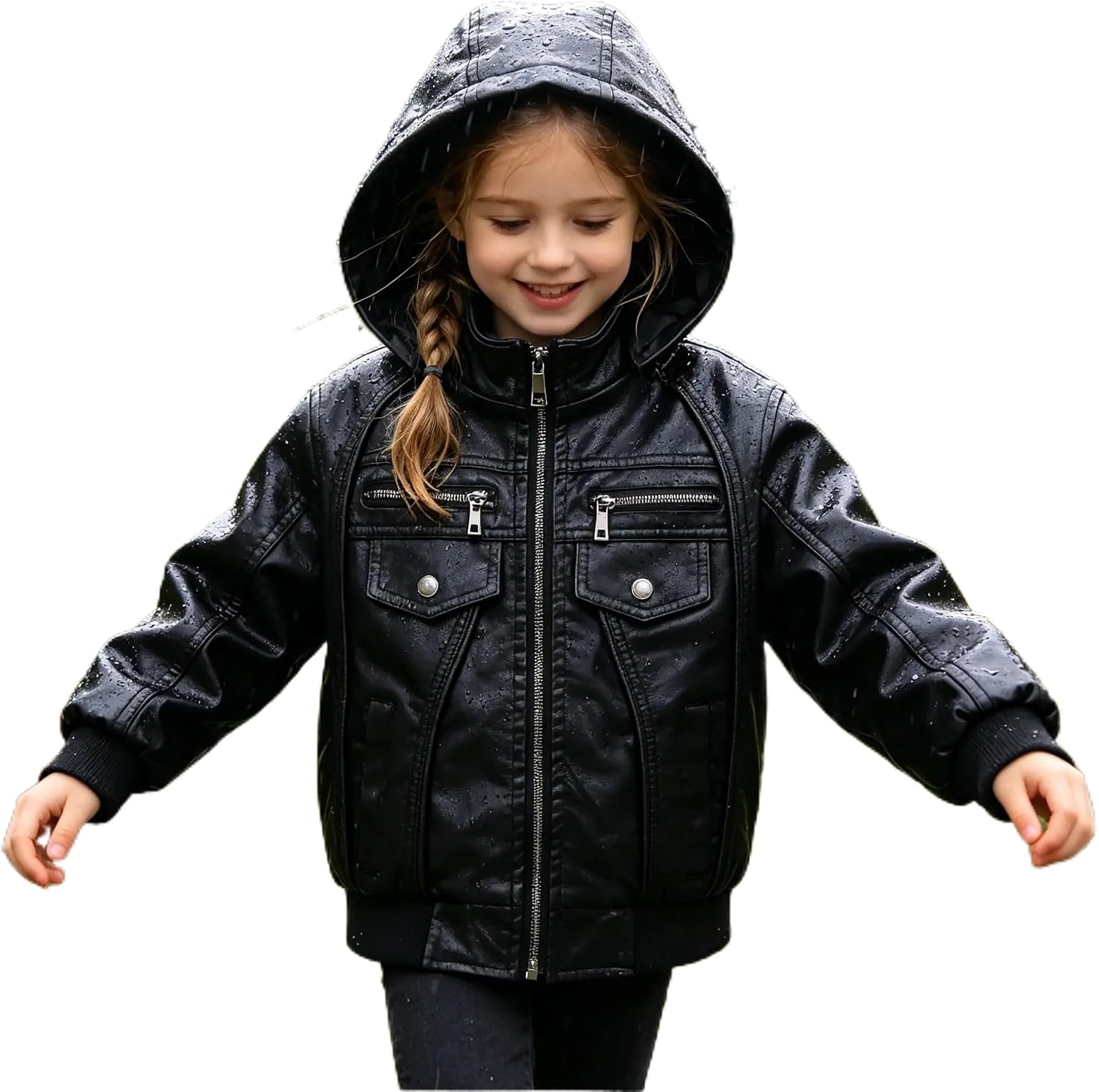 Kids Faux Leather Biker Jacket with Detachable Hood - Moto Coat for School, Zipper Closure, for Boys & Girls 4-12Y
