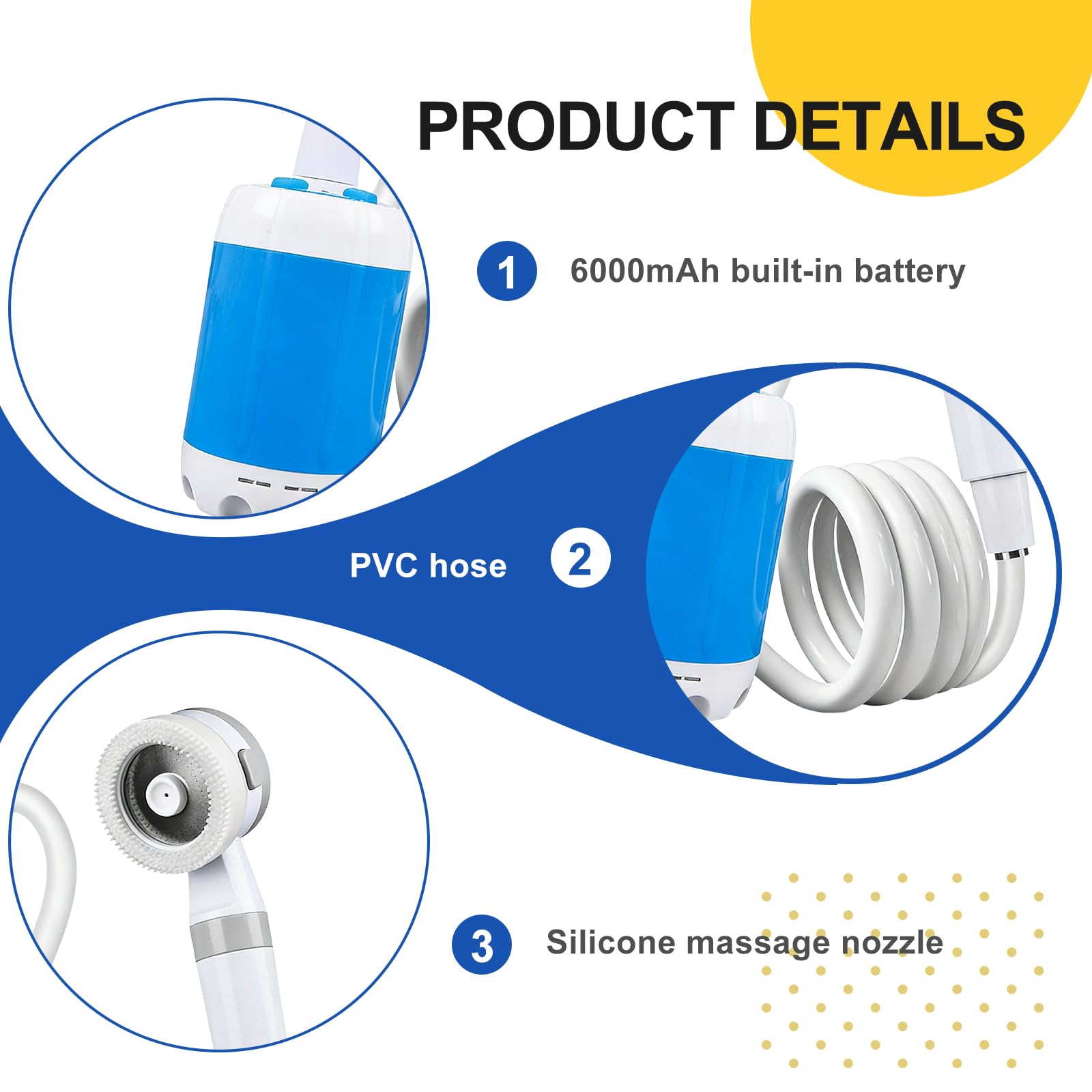 Doccia portatile da campeggio con pompa, 6000 mAh, doccia da campeggio con batteria, doccia mobile per esterni con soffione e tubo, doppia modalità acqua, doccia portatile per campeggio, viaggi