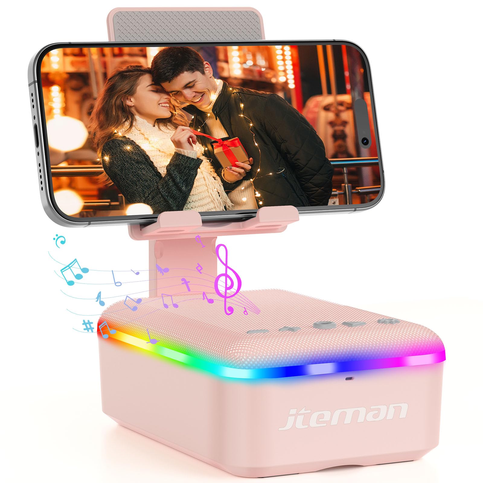 JTEMAN Gifts for Men Women,Cell Phone Stand with Bluetooth Speaker and LED Light,Cool Tech Gadgets,Unique Birthday Gifts for Men Husband Mom Dad-Pink