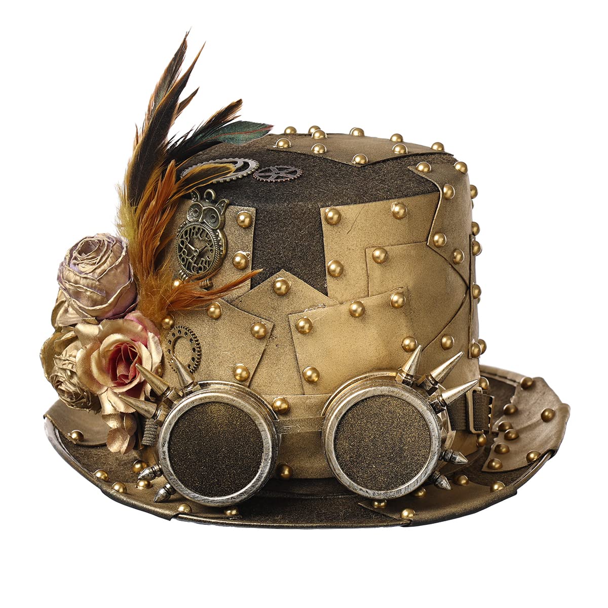BLESSUME Steampunk Top Hat with Goggles for Carnival, Halloween, Theme Party (L,Bronze 5)