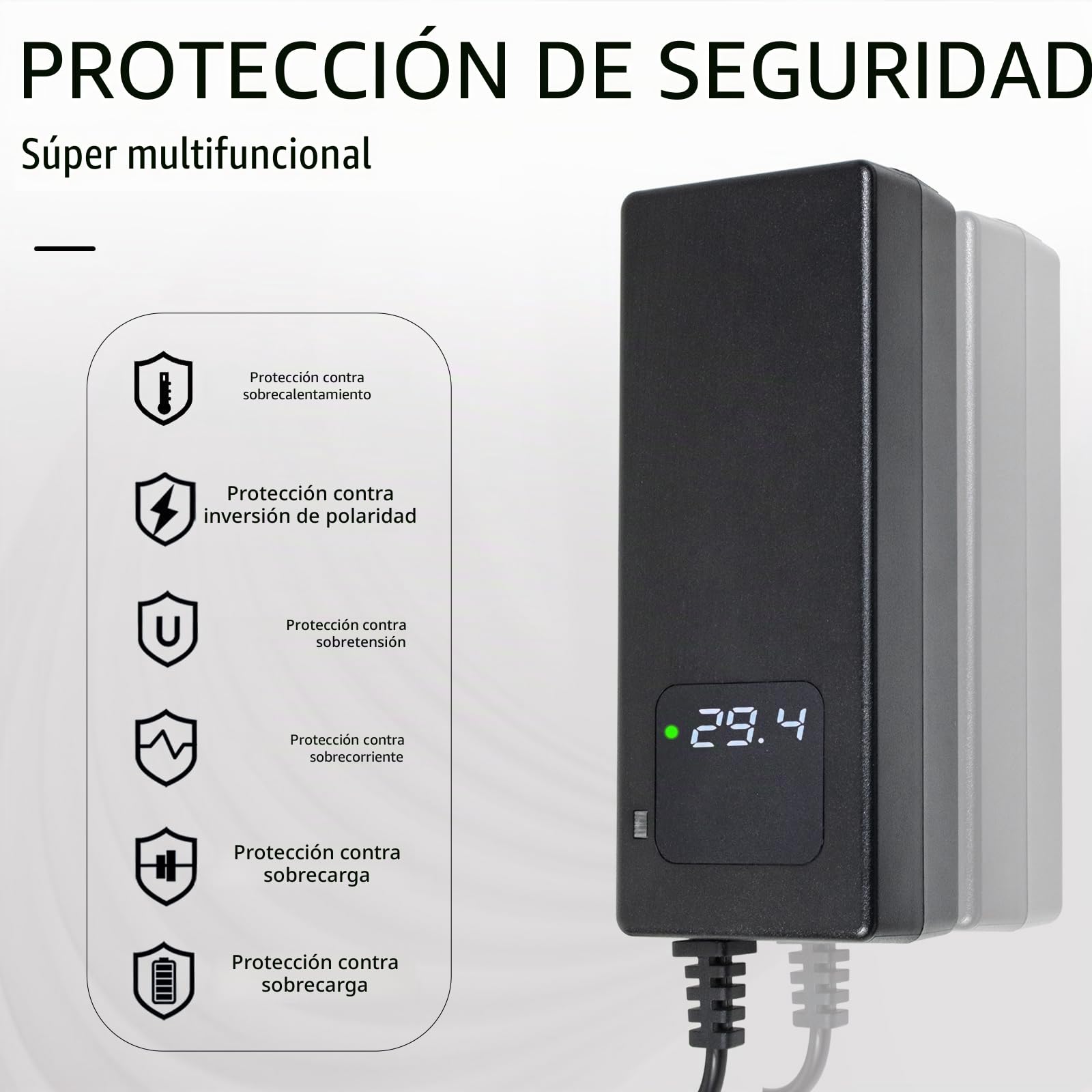 Cargador de batería de 29,4 V, 4 A, para batería de litio de 24 V, con pantalla LED y múltiples funciones de protección y reparación, equipado con conectores RCA de 8 mm, CC 5,5 x 2,1 mm