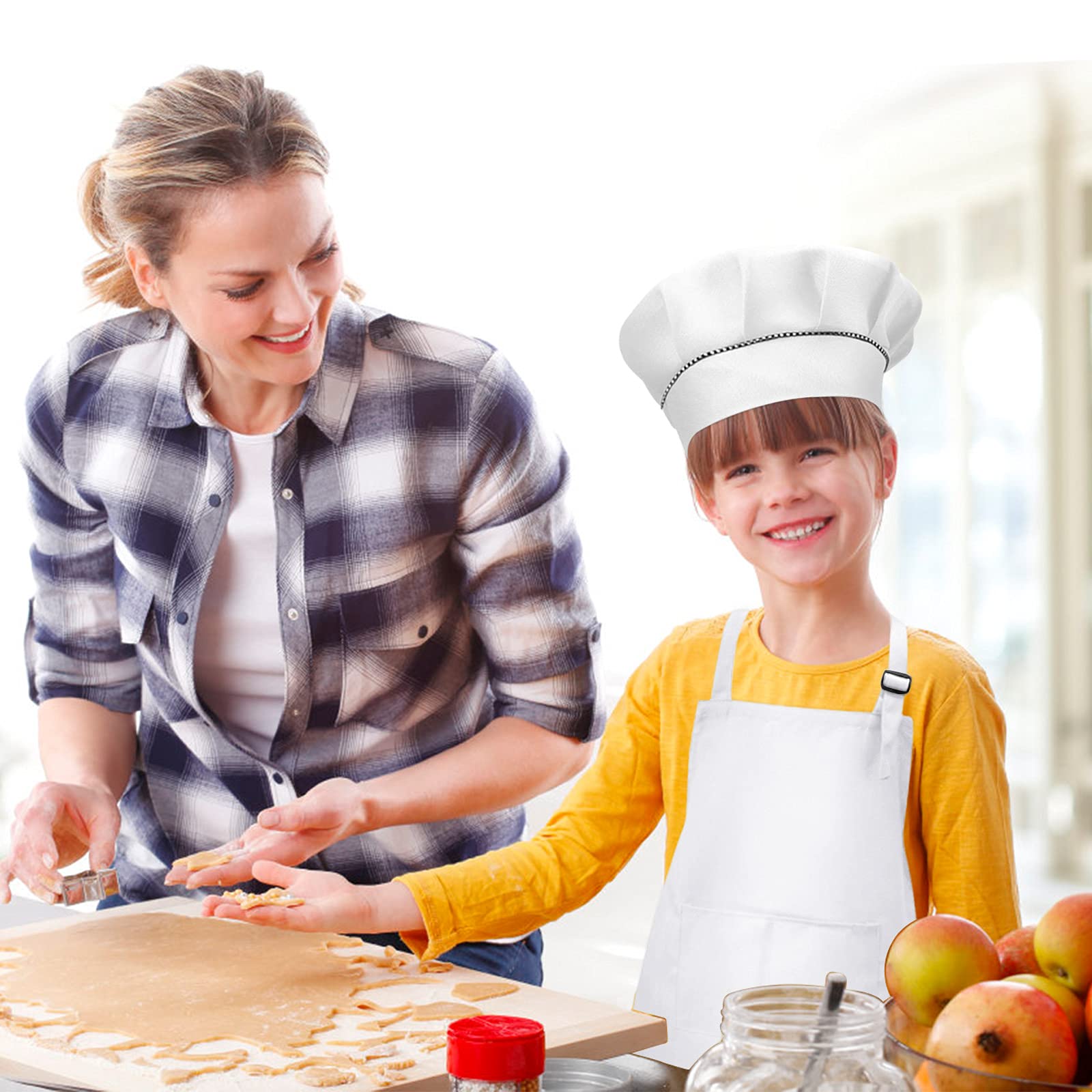 Set van 4 kinderschorten en kookmutsen, kinderkeuken, tuin, schorten met zakken, voor jongens en meisjes, kleine kinderen, kookschort, keukenschort