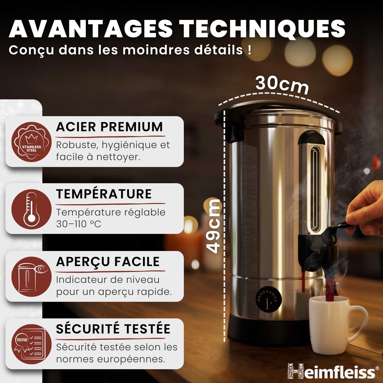 Heimfleiss® Machine à Vin Chaud 10 L en Acier Inoxydable 1500 W | Marmite à Vin Chaud avec Robinet, Thermostat et Protection Surchauffe | Distributeur Eau Chaude et Boissons Chaudes | Argent