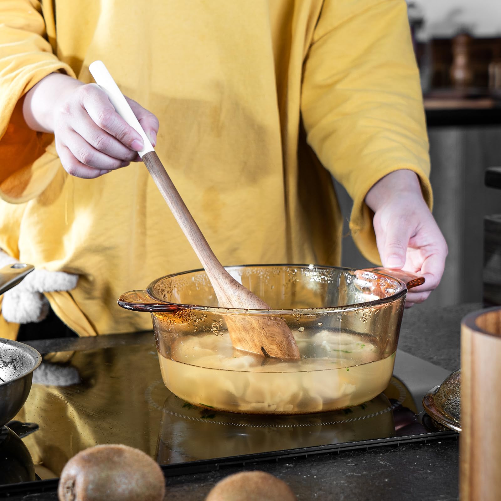 Bill.F Lot de 5 ustensiles de cuisine en bois avec poignée blanche, spatule ajourée, cuillère à fente, cuillère à soupe et spatule, anti-adhésifs