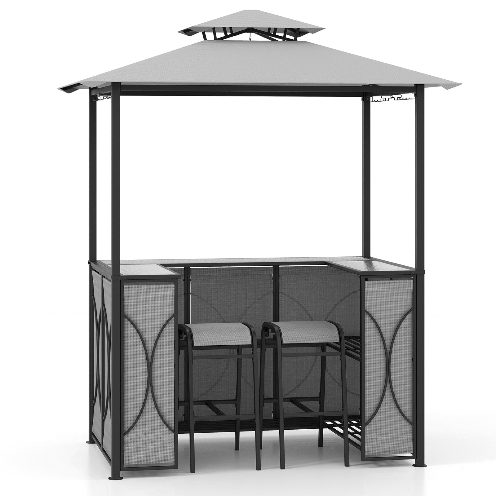 GOPLUS Cenador para barbacoa, doble techo con cristal templado, mesa de bar, 2 taburetes, soportes de cristal, 2 estantes, toldo para barbacoa, resistente a la intemperie, para exterior, jardín, patio