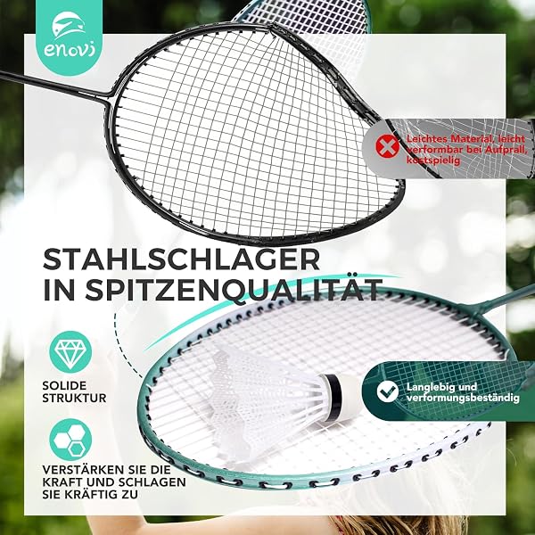 Enovi EasyGo Lot de volants de badminton avec 4 raquettes, filet de badminton, 4 volants de badminton, boîte de rangement portable - 4