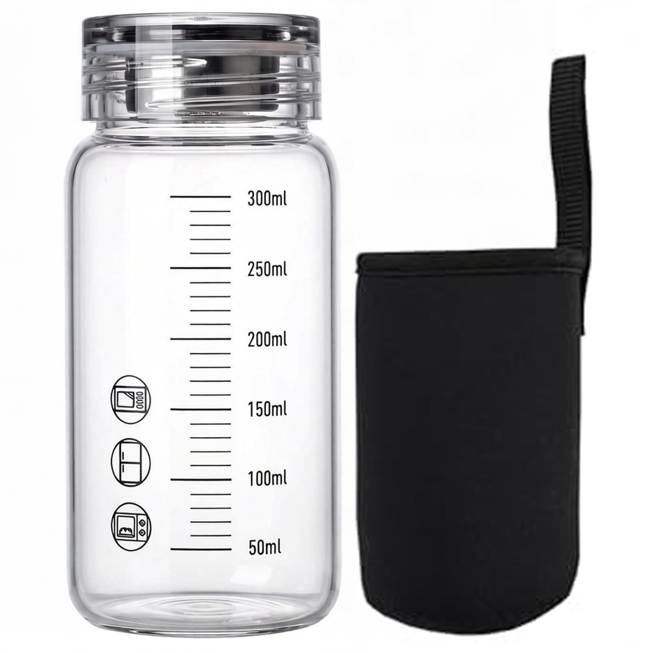 Ameble 300ml Borosilicate Glass Water Bottle with Measurements, Small Clear Bottle with Insulated Sleeve & Stainless Steel Lid, Travel Water Cup