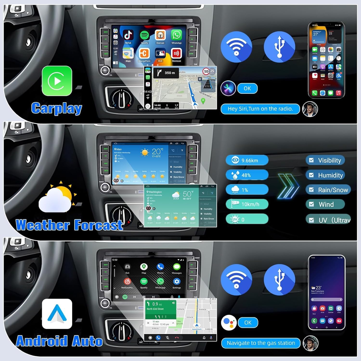 Screenshots showing CarPlay and Android Auto interfaces on the car stereo, along with weather forecast display.