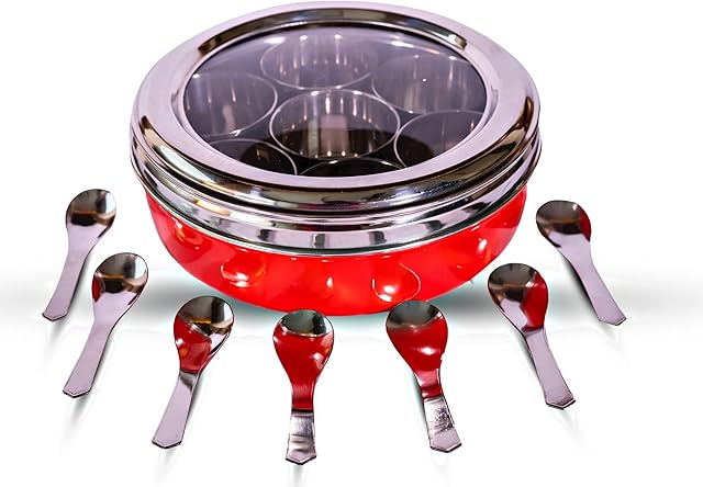 Halfpace Attractive Red Color Stainless Steel Spice Box - Clear Transparent Glass Lid, 7 Compartments, 7 Spoons, Airtight Masala Dabba - Non-Stick, Washable, Large Size, Free Recipe Book, 23x22x9cm