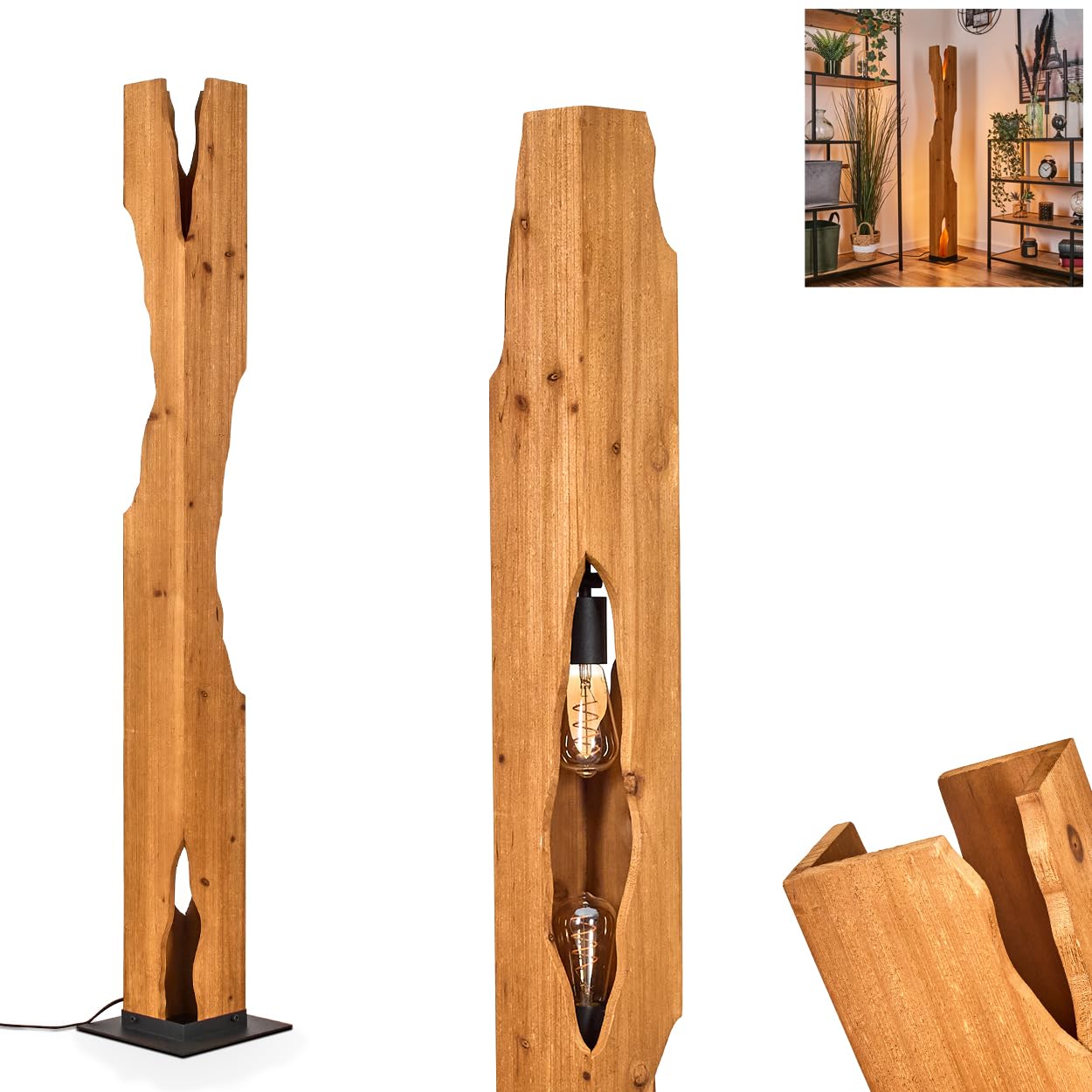 HOFSTEIN Stehleuchte Sernadelo, moderne Stehleuchte aus Metall/Bambus in Schwarz/Naturfarben, geschwungene Leuchte im Boho-Style mit Fußschalter am Kabel, Höhe 141 cm, 4 x E27, ohne Leuchtmittel