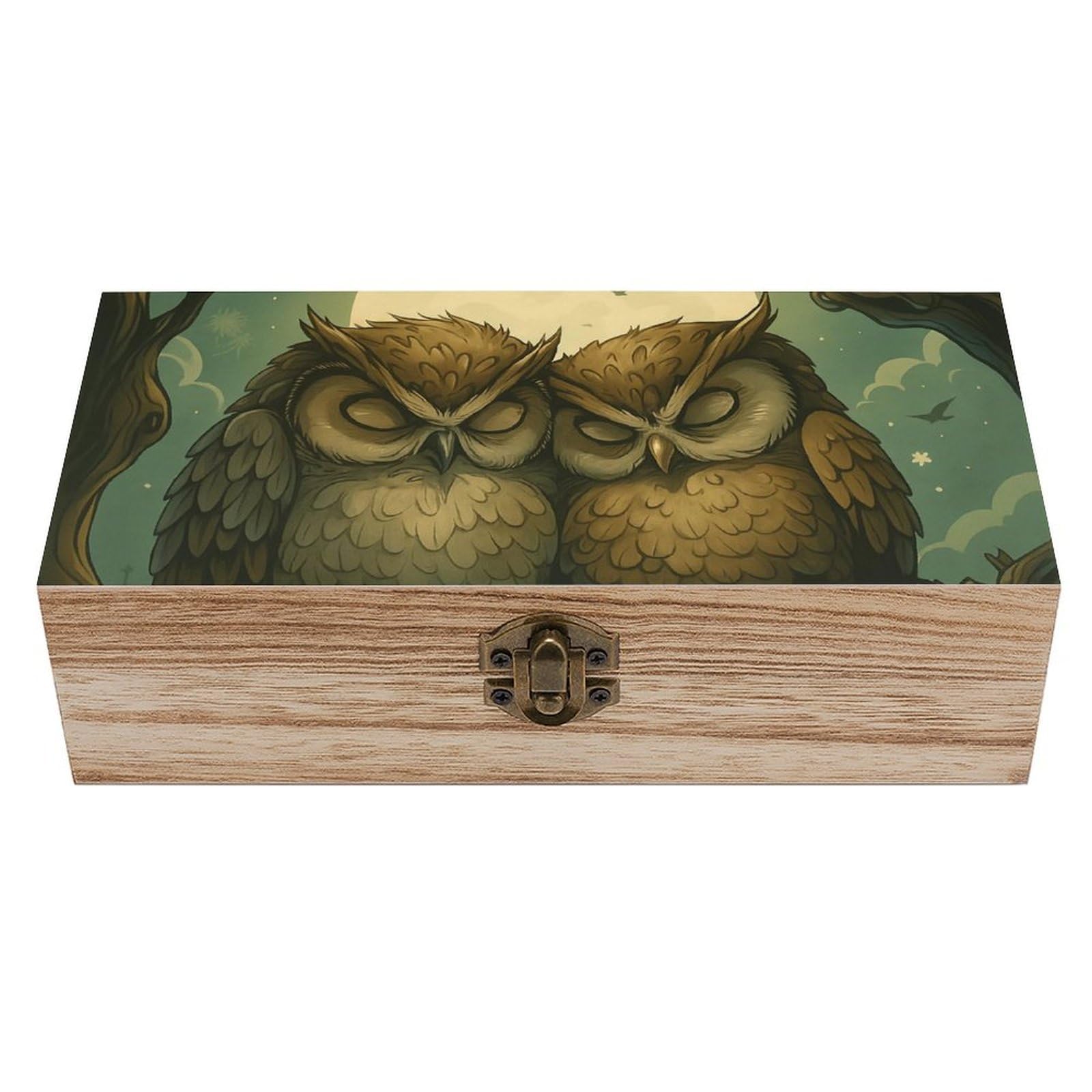 SMAZDFXX Moonlit Cute Owls Clinging Together Wooden Storage Box Multipurpose Decorative Box for Jewelry Photo Home Decor