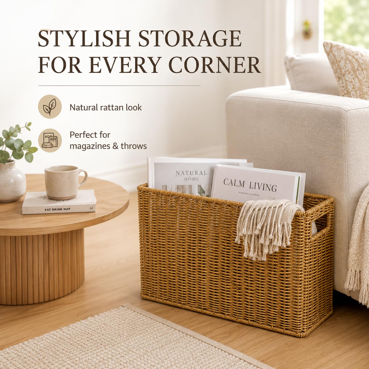 Healeved Panier de rangement tressé style rotin porte-revues avec poignées | Grand panier de rangement aspect rotin naturel pour magazines, livres, collations, cosmétiques et utilisation à domicile