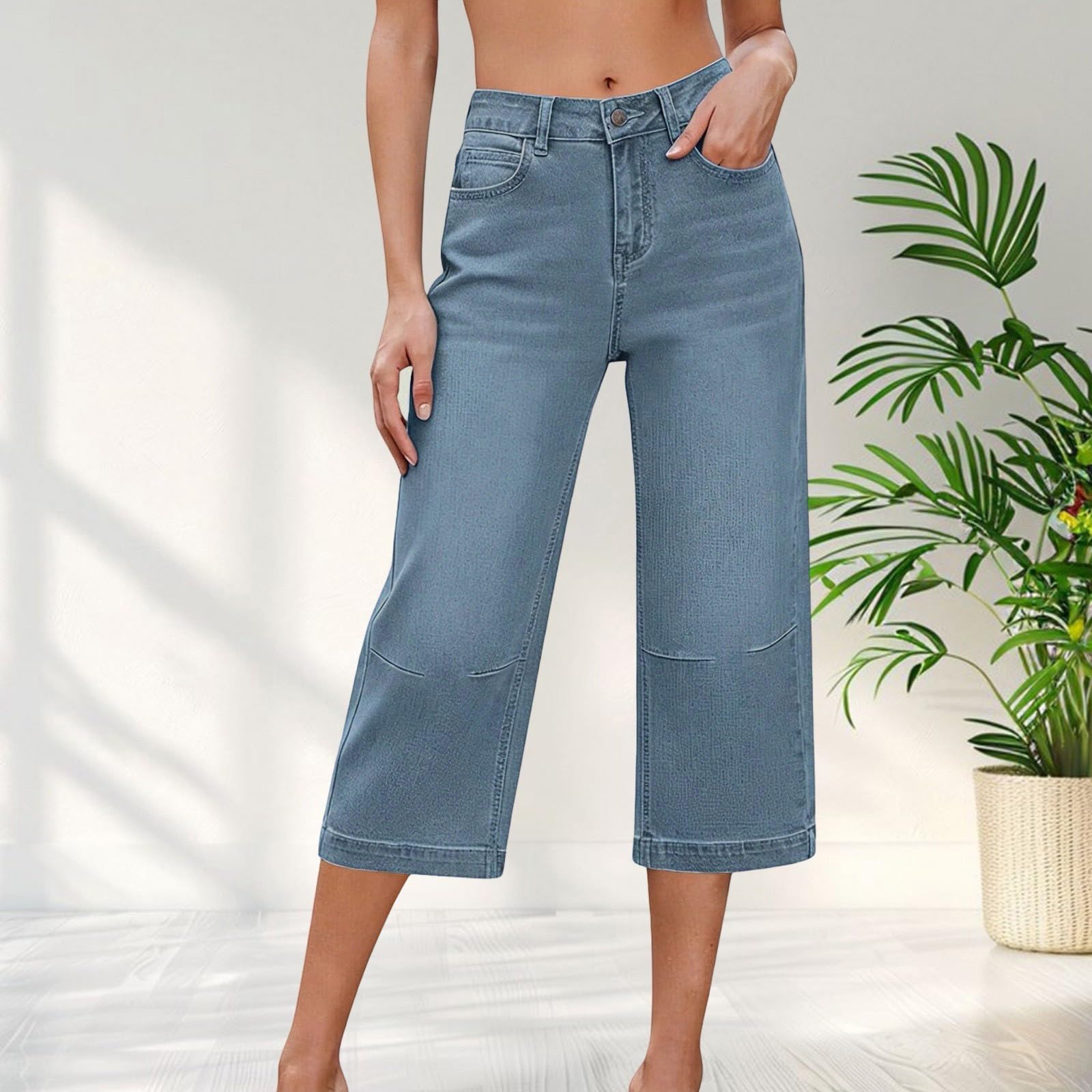 Generisch Jean capri décontracté avec jambe large pour un usage quotidien, pantalon stretch confortable avec taille haute, jean court décontracté mode pour femme, idéal pour la saison du printemps
