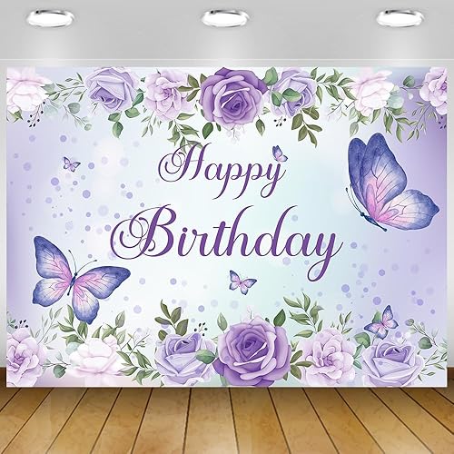 Telón de fondo de mariposa de 5 x 3 pies con diseño de mariposa morada, decoración de rosas y flores, para fiesta de cumpleaños de niñas, telón de