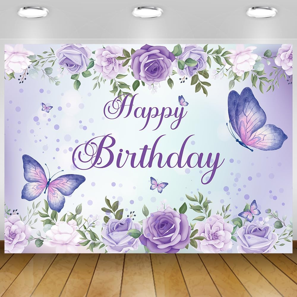 Purple Butterfly Birthday Banner Backdrop for Women Girl (59x36 inch) Purple Happy Birthday Decorations Banner for Women Rose Flowers Butterfly