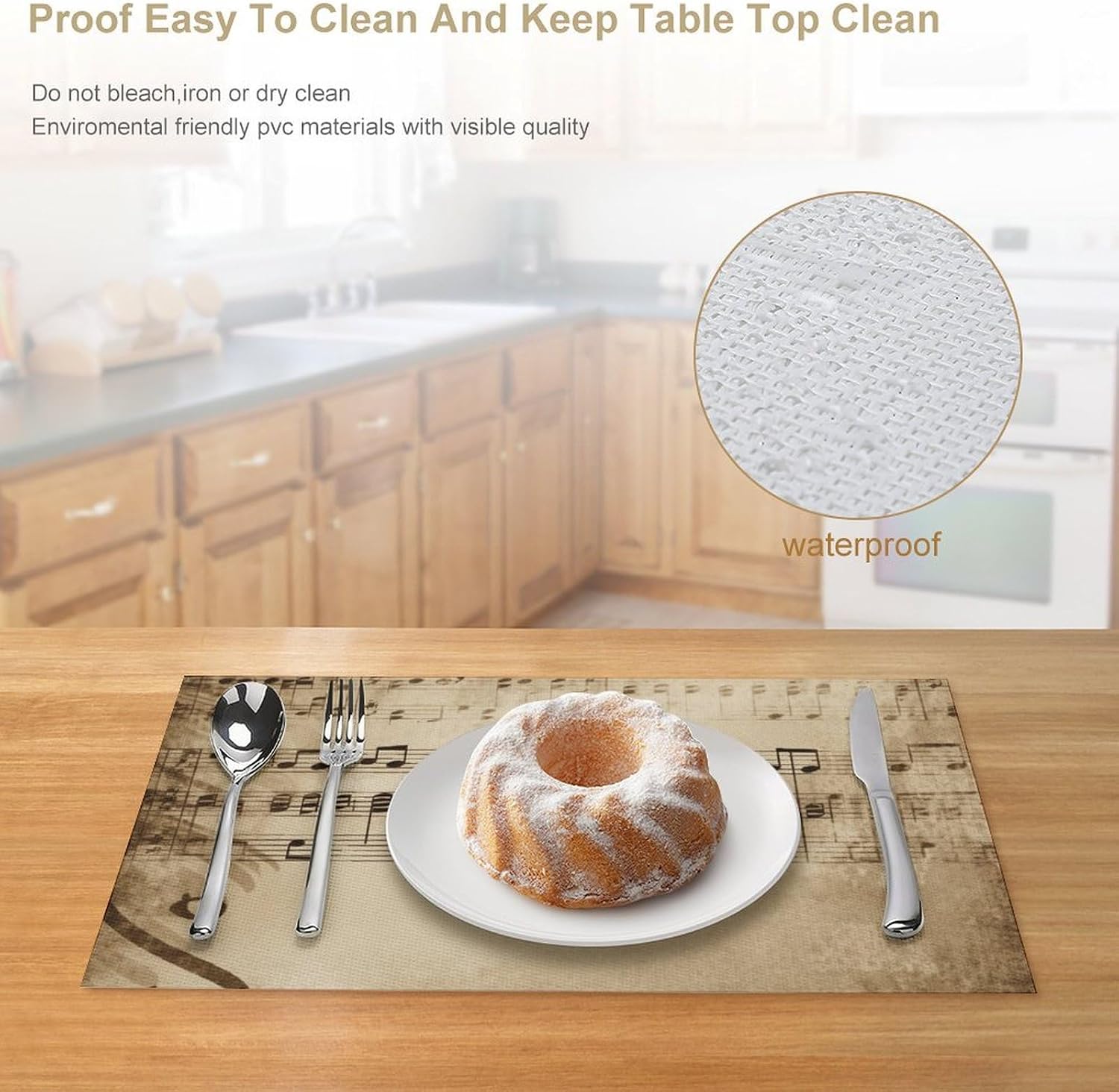 Placemats Set of 6 Music Notes on Old Paper Place Mat Non-Slip Heat Resistant PVC Table Mats 17.7 X 11.8 Inch Waterproof Placemats Wipeable Washable Table Place Mats for Home Kitchen image 4