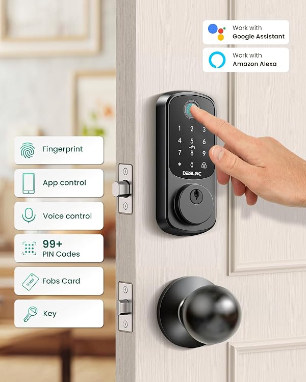 DESLOC B200 Keyless Entry Door Lock with Knob, Keypad Deadbolt and Door Knob Set for Front Door, Fast Fingerprint and Smart Voice Unlock, Touchscreen with Backlit, App Control, Auto Lock, Anti-Peep by DESLOC - Image 4
