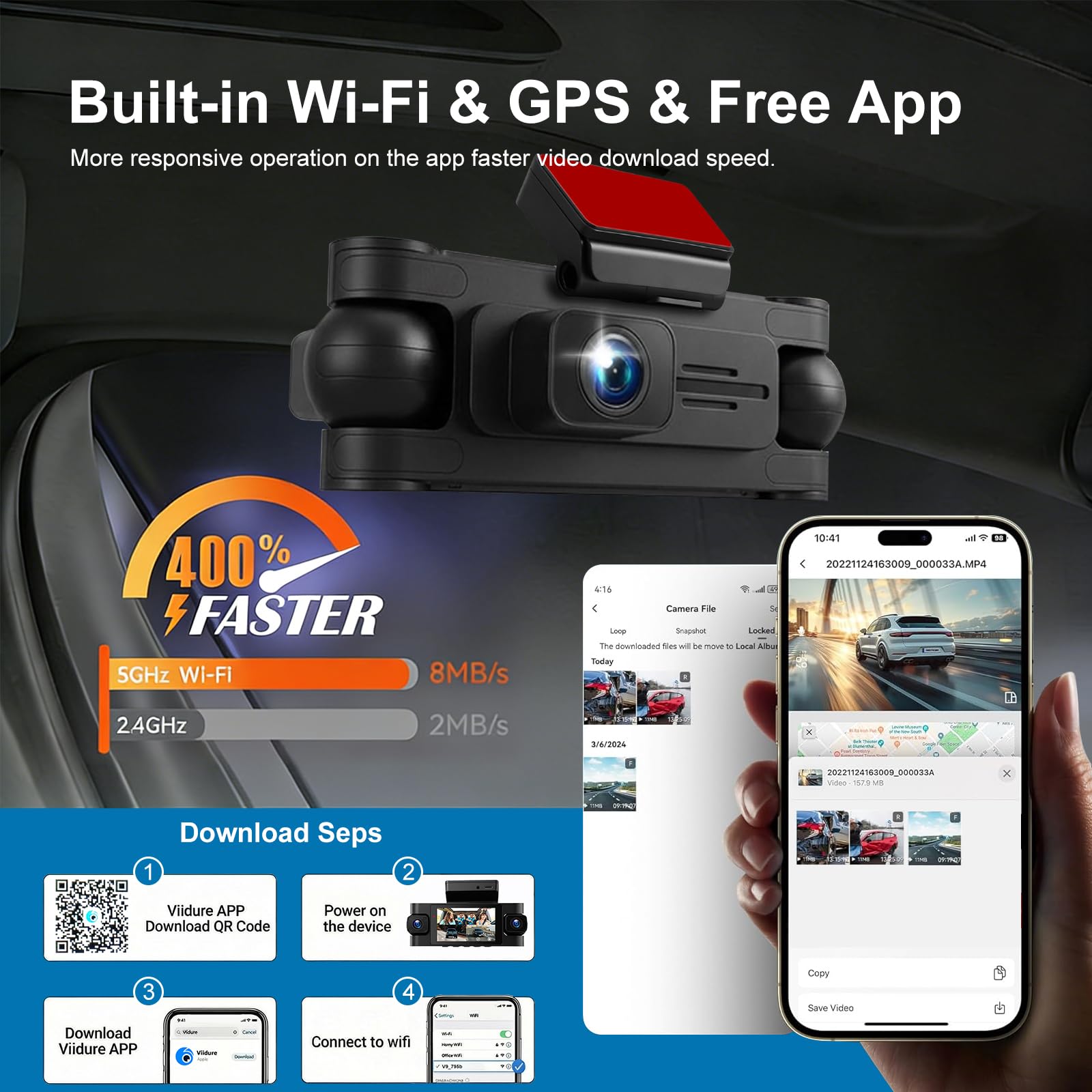 Dash Cam Auto 360 Gradi, 4 Canali Telecamera Frontale Retro e Interna con GPS e 5G WiFi, 2K+3 * 1080P, Schermo IPS da 3 Pollici, Visione Notturna, Modalità Parcheggio 24/7, G-Sensore