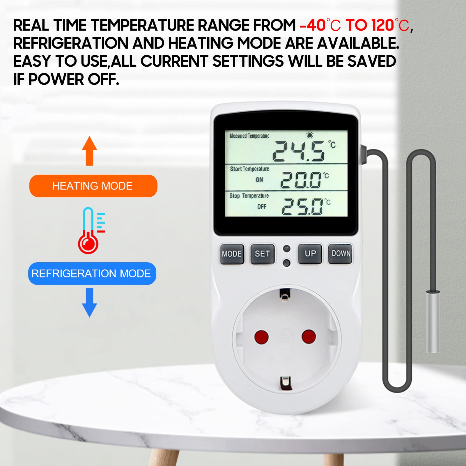 Termostato Digital, Weytoll Termostato LCD Enchufe de Salida Control de Enfriamiento de Calefacción para Terrario Acuario Reptiles Toma de Salida con Control de Temperatura con Temporizador y Sonda