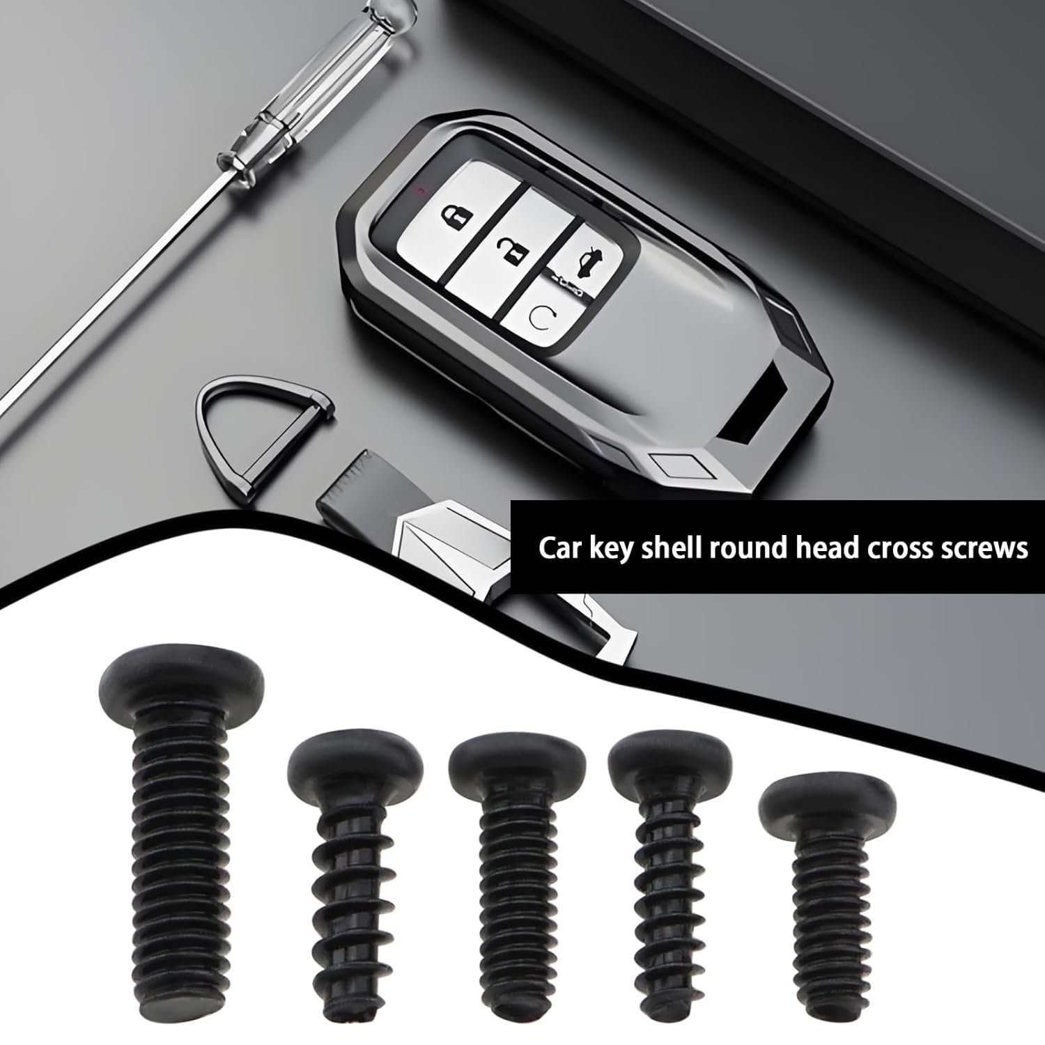 10pcs Car Key Remote Control Round Head Self Tapping Machine Tooth Cross Fixing Screws Suitable for Key Housing Replacement, Black with Five Sizes